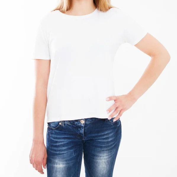 Mulher Retrato Recortado Branco Shirt Isolamento Fundo Branco Espaço Branco — Fotografia de Stock