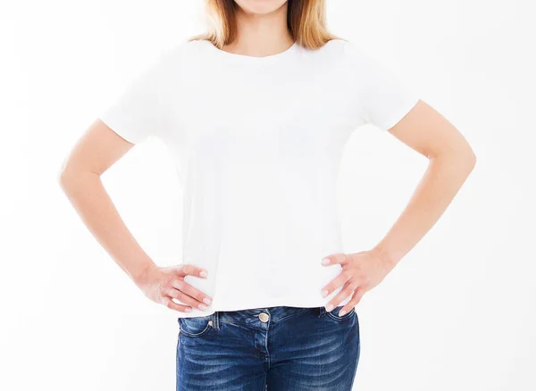 Mujer Retrato Recortado Aislamiento Camiseta Blanca Sobre Fondo Blanco Blanco —  Fotos de Stock