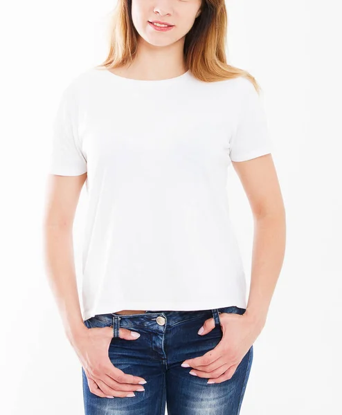 身穿白色T恤衫的剪裁肖像女士 白色背景 复制空间 — 图库照片
