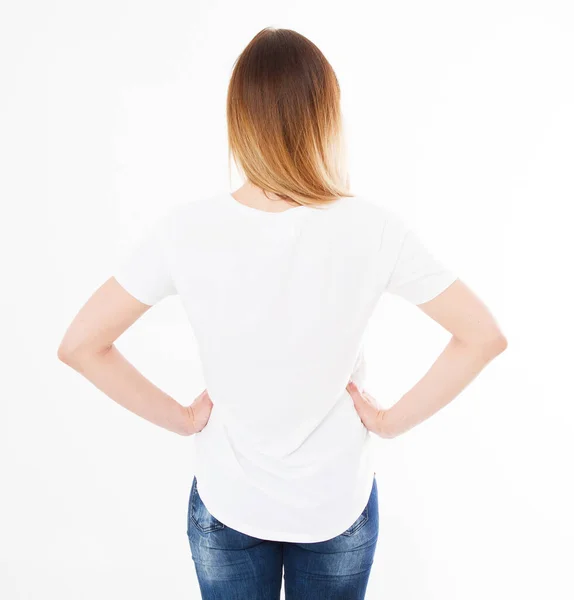 Chica Vista Trasera Mujer Aislamiento Camiseta Blanca Sobre Fondo Blanco —  Fotos de Stock