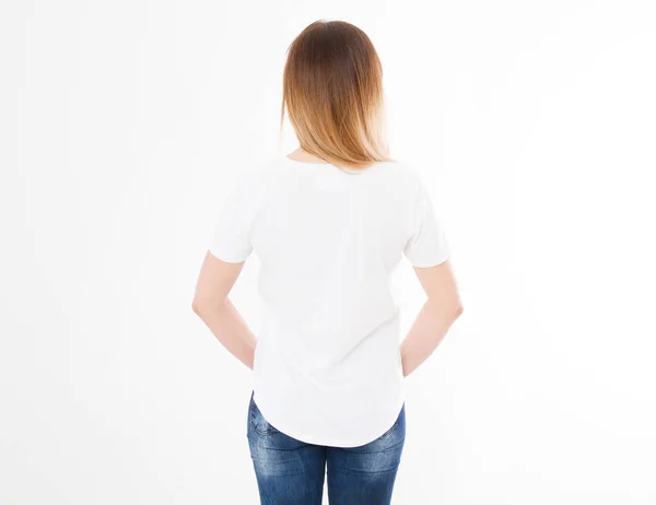 Visão Traseira Mulher Jovem Menina Camiseta Elegante Fundo Branco Modelo — Fotografia de Stock