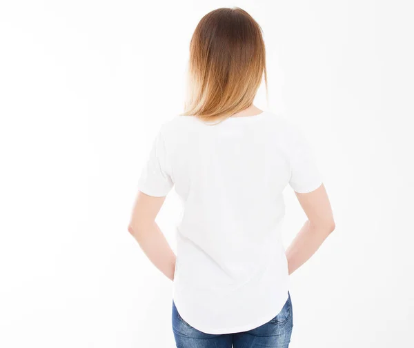 Vue Arrière Jeune Femme Fille Shirt Élégant Sur Fond Blanc — Photo