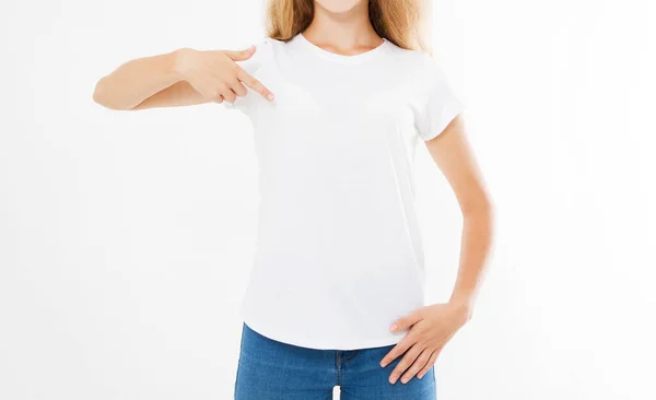 Young Sexy Woman Points Hand Her White Shirt Designers — Stock Photo, Image