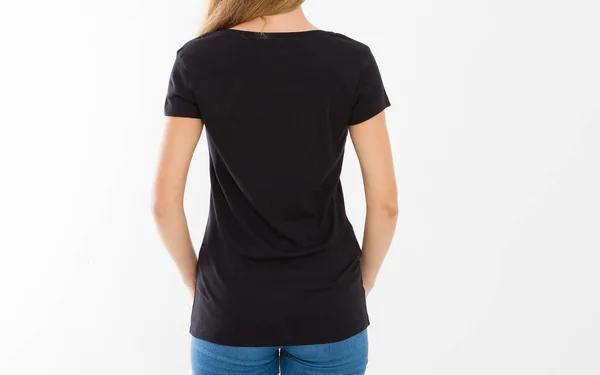 Vistas Frontales Traseras Joven Mujer Caucásica Una Elegante Camiseta Negra — Foto de Stock