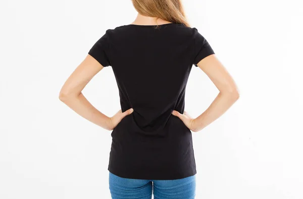 Vista Trasera Trasera Mujer Camiseta Negra Aislada Chica Camiseta Maqueta —  Fotos de Stock