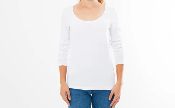 Midsection Young Woman Wearing Blank Tshirt White Background Girl Shirt — Stock Photo, Image