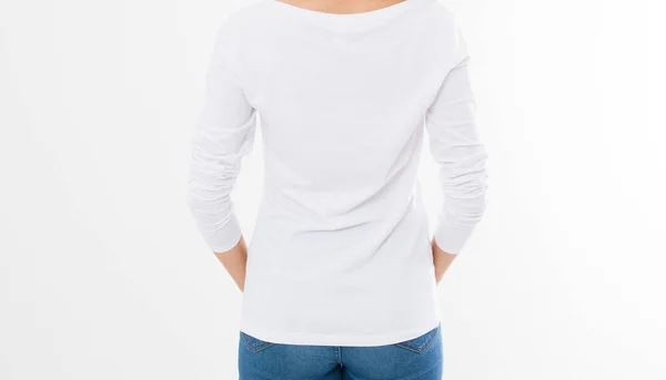 Terug Uitzicht Vrouw Wit Shirt Mock Geïsoleerd Shirt Vrouw Blanco — Stockfoto