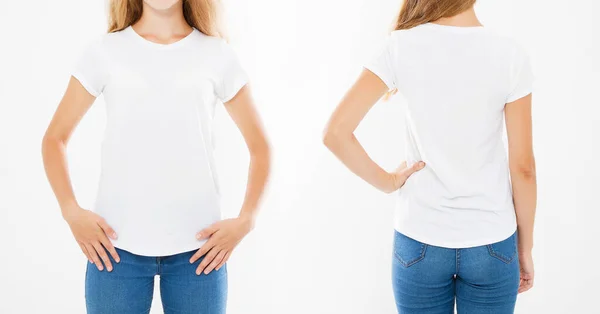 Cropped Portrait Front Back Views Woman Girl Shirt Isolated White — Stock Photo, Image