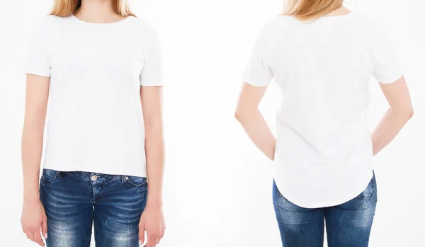 Vistas Frontales Traseras Mujer Bonita Niña Camiseta Sobre Fondo Blanco — Foto de Stock