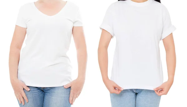 女白色T恤造型 空置空白T恤 女孩在空白T恤复制空间 白色T恤孤立在白色背景拼贴或设置 — 图库照片