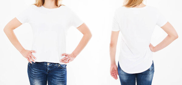 front and back views of set,collage woman in t shirt isolated on white background