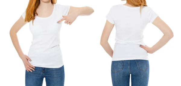 白い背景にスタイリッシュなTシャツを着た若い赤毛の女性の正面と背面の景色 デザインTシャツの女の子のためのモックアップ — ストック写真