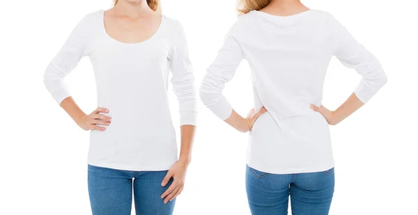 白色T恤套装 前后袖子长的妇女 背景为白色 — 图库照片