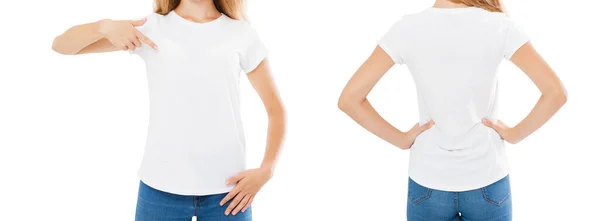 Mujer Señaló Camiseta Aislada Sobre Fondo Blanco Maqueta Imagen Recortada — Foto de Stock