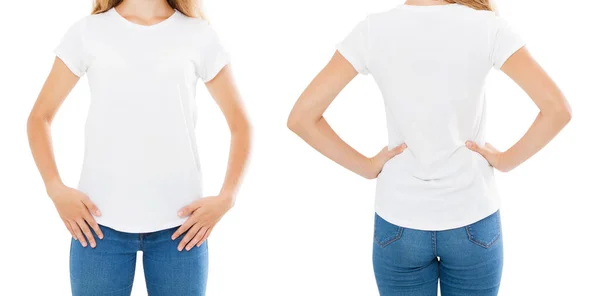 Frente Espalda Vistas Mujer Camiseta Camiseta Blanca Conjunto Aislado Simulacro — Foto de Stock