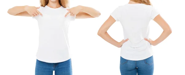 Camiseta Verano Conjunto Aislado Blanco Mujer Señaló Camiseta Punto Chica — Foto de Stock