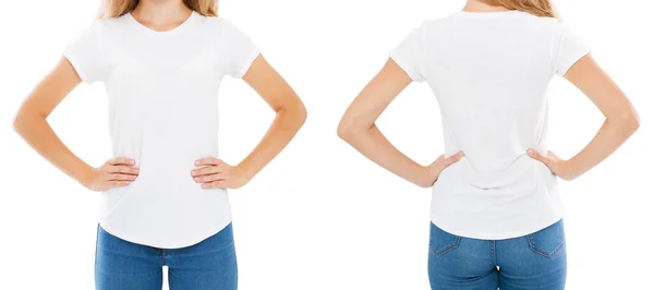 Diseño Camiseta Concepto Gente Primer Plano Mujer Joven Blanco Camiseta — Foto de Stock