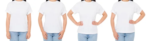 Tシャツのブルネットは白で隔離され Tシャツの女性はセットまたはコラージュ 3人の女の子のTシャツのフロントビュー — ストック写真