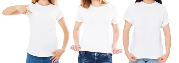 3个穿T恤衫的女人被隔离在白色的 穿T恤衫的女人 空白的 复制的空间 — 图库照片