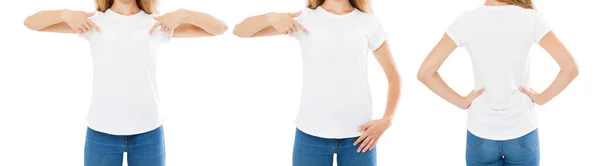 セット コラージュの女性は白いTシャツに手をポイント隔離された 女の子のTシャツ フロントとバックビュー トリミングされた画像 — ストック写真