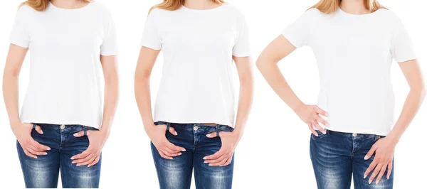 Imagem Cortada Três Mulher Shirt Isolado Fundo Branco — Fotografia de Stock