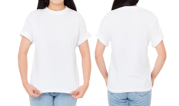 女性のTシャツセット フロントバックビューTシャツ白で隔離された 女の子Tシャツ — ストック写真