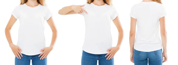 穿T恤衫的年轻女子 背景为白色 女孩T恤衫 — 图库照片