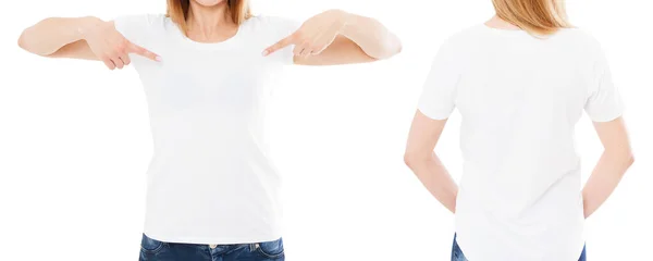 两个女人的T恤全裸了 女孩指着空白的T恤 复制空间 — 图库照片