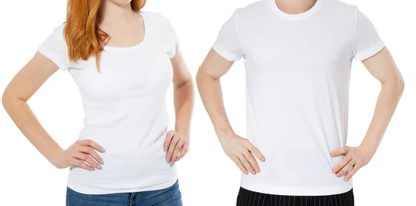 白いTシャツの男と女は白い孤立した上に隔離され Tシャツは空のコピースペースを閉じます — ストック写真