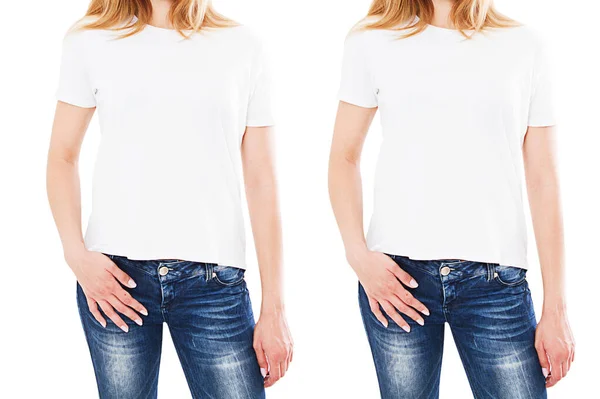 Imagen Recortada Dos Mujer Camiseta Blanca Maqueta Hasta Aislado Sobre — Foto de Stock