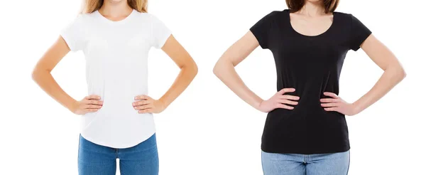 黒と白のTシャツの女性のモックアップ 白の背景に隔離されたTシャツの女の子 スタイリッシュなTシャツ デザインTシャツマーケット Hoimi ホイミ — ストック写真