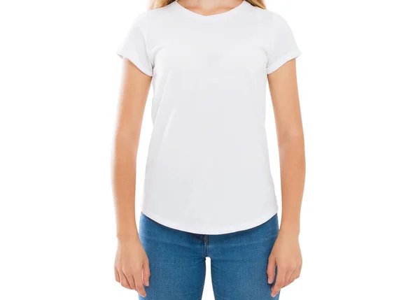 Mujer Camiseta Blanca Aislada Chica Camiseta Con Estilo Cerca — Foto de Stock