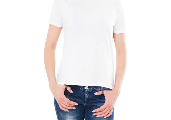Beyaz Arka Planda Beyaz Tişörtlü Güzel Vücutlu Zayıf Bir Kız — Stok fotoğraf