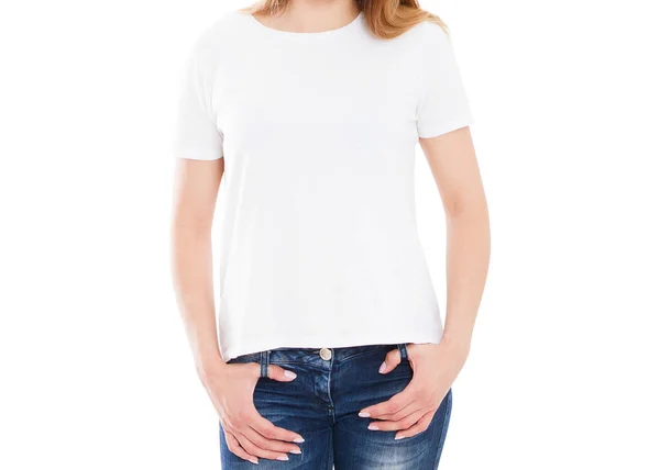 Young Slim Girl Beautiful Body White Tshirt White Background — Stock Photo, Image