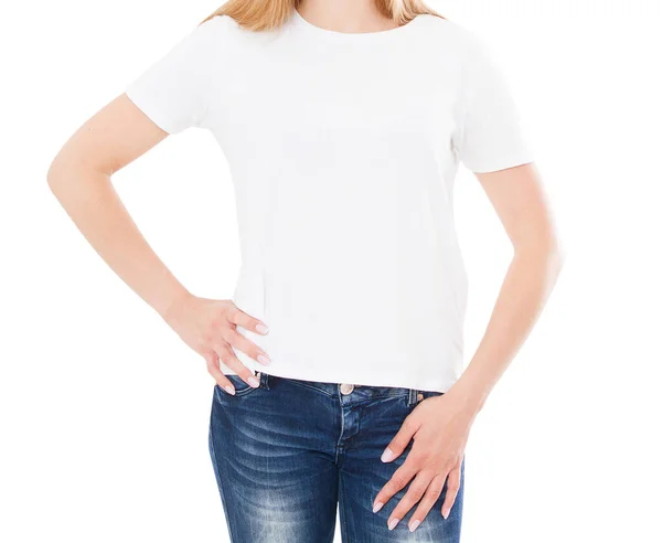 Camiseta Blanca Mock Aislado Sobre Blanco Mujer Camiseta Niña Camiseta — Foto de Stock