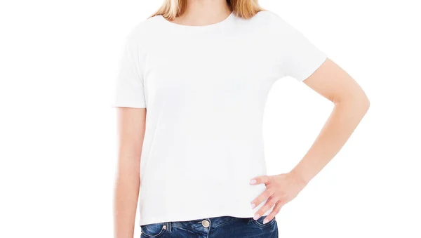 白いTシャツの女の子モックアップクローズアップ — ストック写真