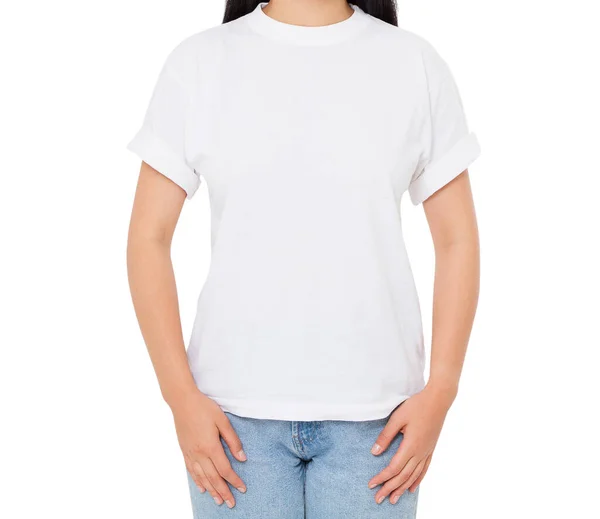 Camiseta Mock Chica Asiática Camiseta Cerca Aislado Sobre Blanco — Foto de Stock