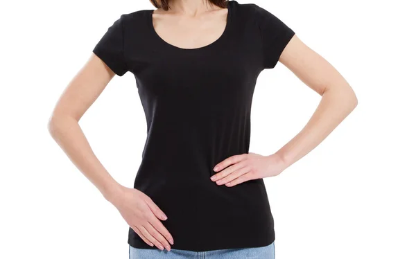 Shirt Design Concept White Woman Blank Black Shirt Mock — Stock Photo, Image