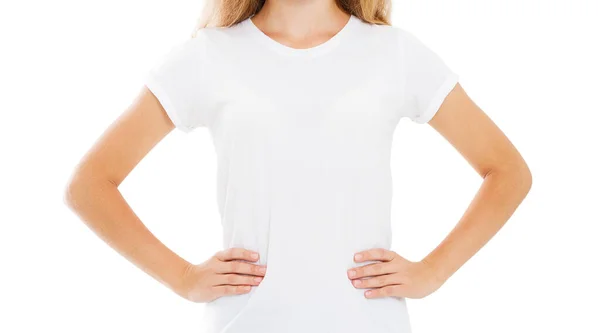 穿T恤衫的女孩空空地模仿白色背景下的标识 — 图库照片