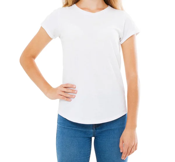 Kadın Tişörtü Modeli Beyaz Arkaplanda Izole Edildi — Stok fotoğraf