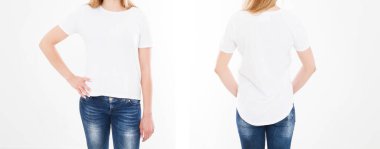 Beyaz arka planda şık tişörtlü seksi bir kadının ön ve arka görünüşü. Tasarım için hazırlan. Uzayı kopyala Şablon. Boşluk