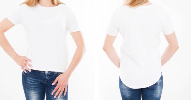 Beyaz arka planda şık tişörtlü seksi bir kadının ön ve arka görünüşü. Tasarım için hazırlan. Uzayı kopyala Şablon. Boşluk