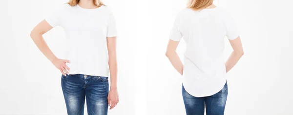 穿着白底时髦T恤的年轻性感女人的前后景色 为设计做准备 复制空间 空白的 — 图库照片
