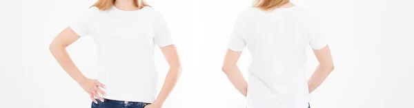 Voor Achterkant Uitzicht Jonge Sexy Vrouw Stijlvolle Tshirt Witte Achtergrond — Stockfoto