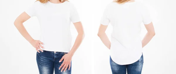 Vista Frontal Traseira Mulher Bonita Menina Tshirt Elegante Fundo Branco — Fotografia de Stock