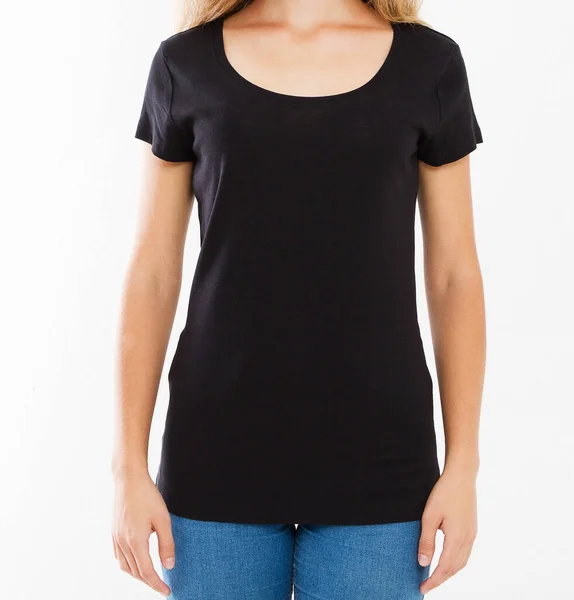 Closeup Preto Shirt Feminino Isolamento Sobre Branco — Fotografia de Stock