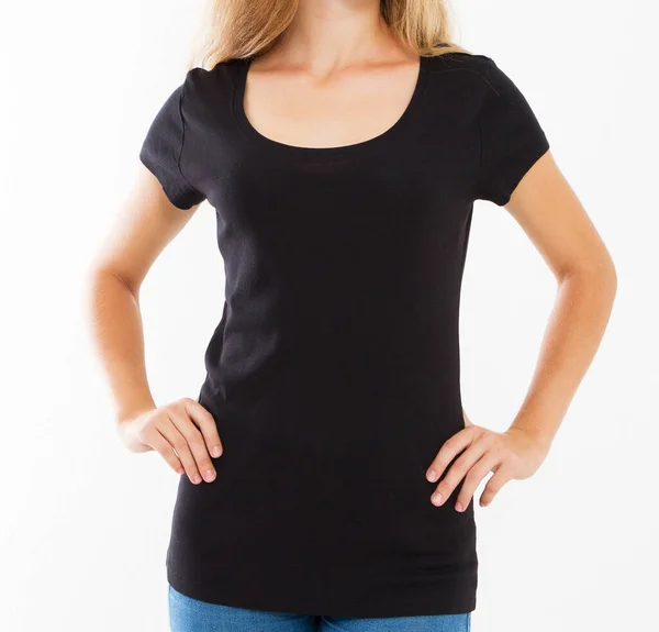 Jonge Vrouw Zwarte Shirt Witte Achtergrond — Stockfoto