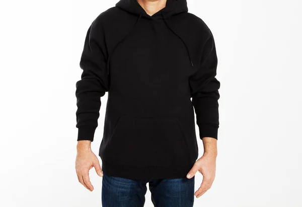 Mann Schwarzem Sweatshirt Auf Weißem Hintergrund Kapuzenpullover Attrappe Für Männer — Stockfoto