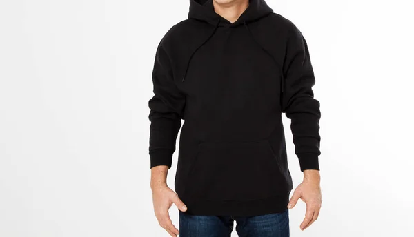 Man Zwart Sweatshirt Zwarte Hoodies Voor Geïsoleerd Model Kopieerruimte — Stockfoto