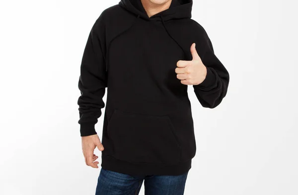 Man Black Sweatshirt Black Hoodies Front Isolated Show Mock Copy — Stock Photo, Image